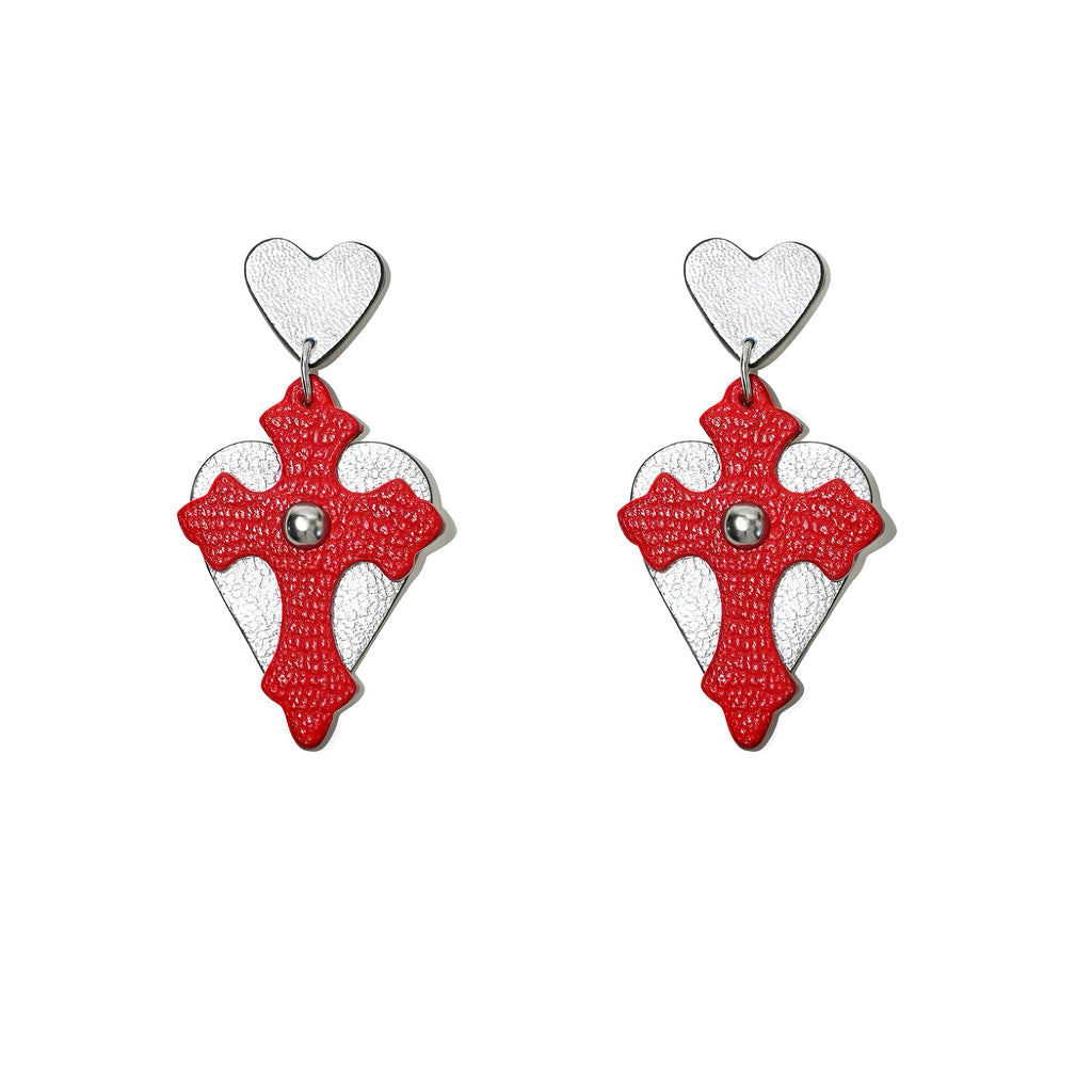 Eros Descends French Sully Goatskin Baroque Cross Heart Drop Earrings