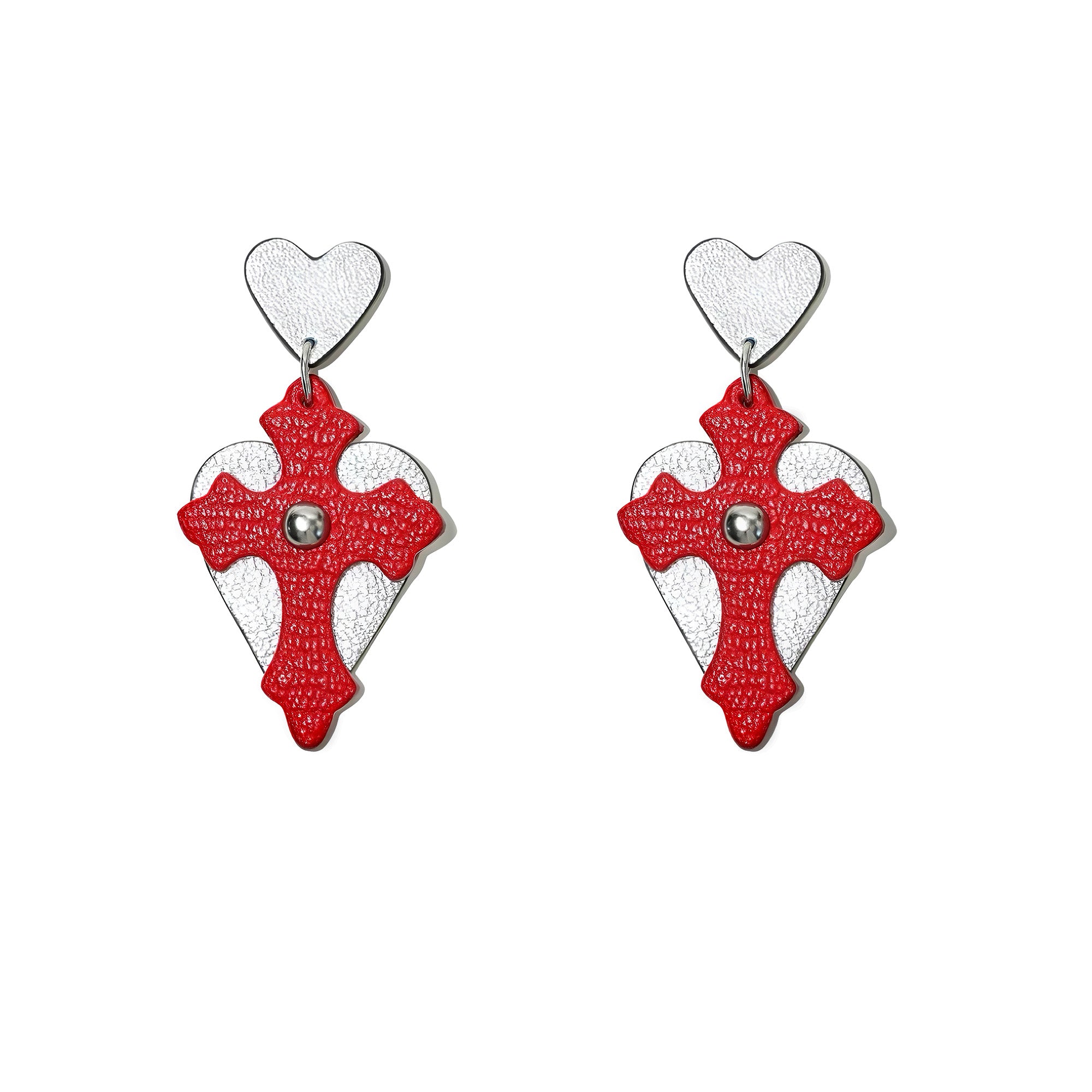 Eros Descends French Sully Goatskin Baroque Cross Heart Drop Earrings