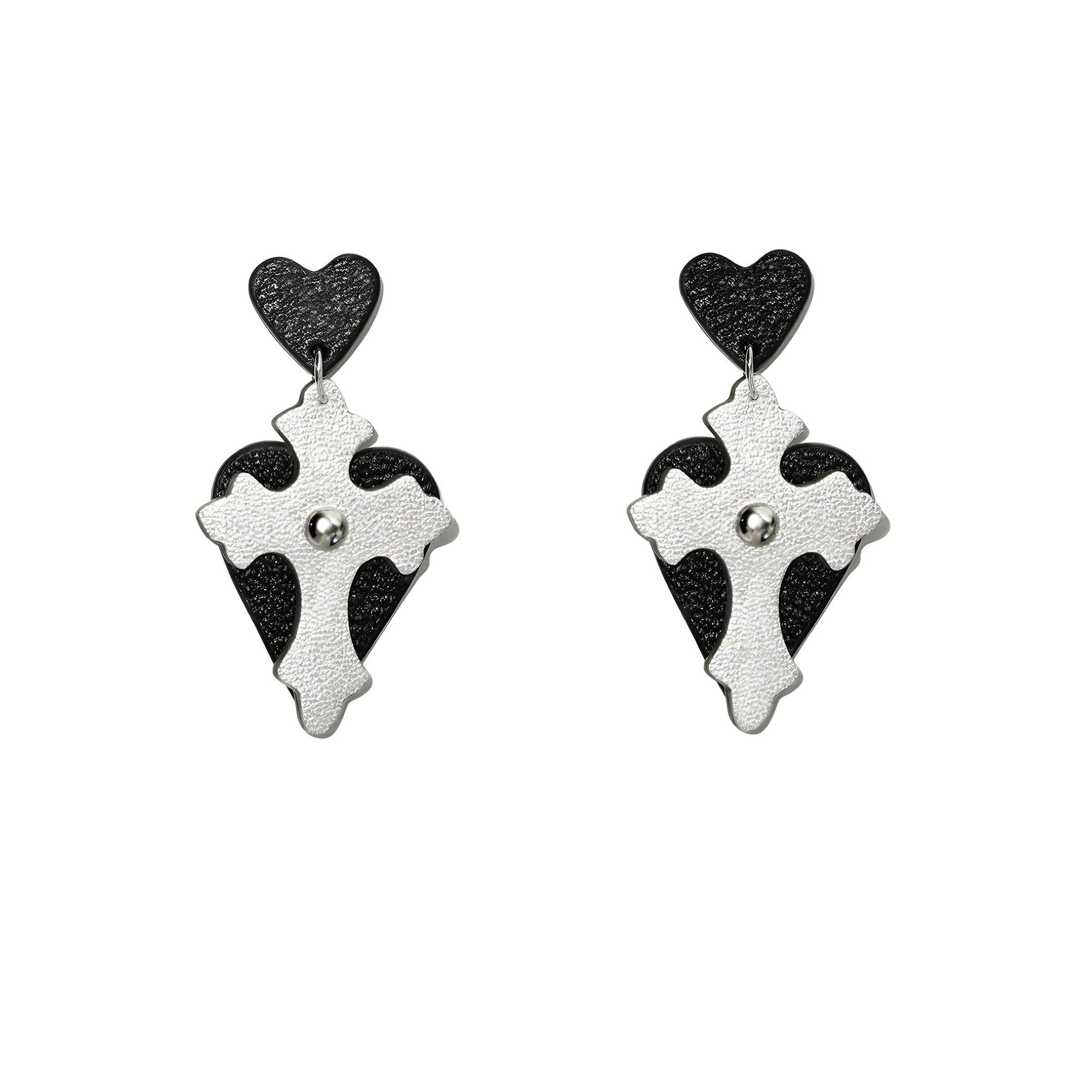 Eros Descends French Sully Goatskin Baroque Cross Heart Drop Earrings