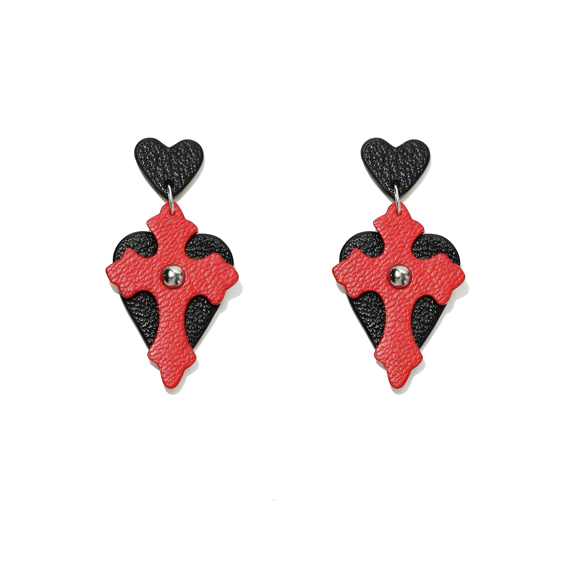 Eros Descends French Sully Goatskin Baroque Cross Heart Drop Earrings